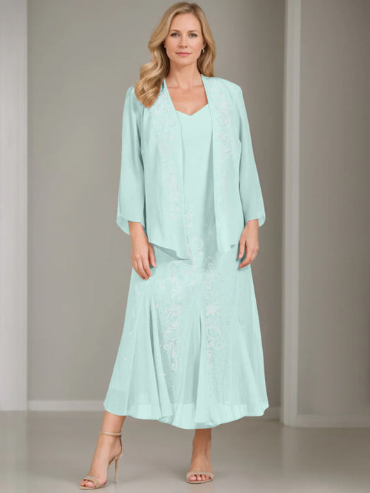 V-Neck A-Line Princess Two-Piece Plus Size Mother of the Bride Dress with Jacket and Sequins in Tea-Length