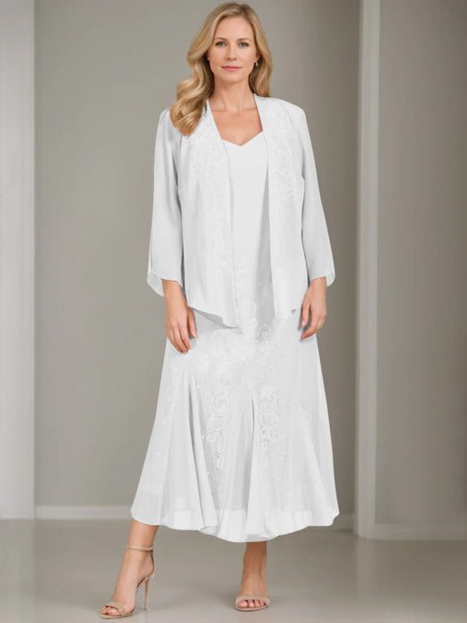 V-Neck A-Line Princess Two-Piece Plus Size Mother of the Bride Dress with Jacket and Sequins in Tea-Length