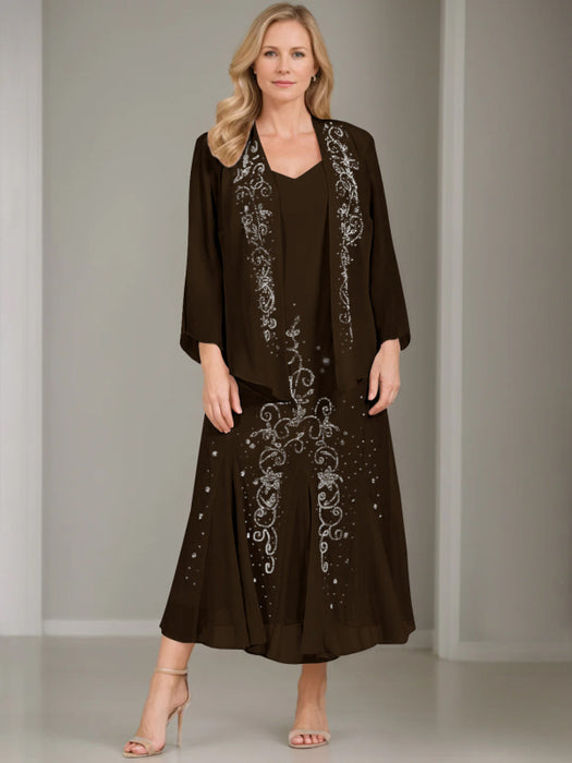 V-Neck A-Line Princess Two-Piece Plus Size Mother of the Bride Dress with Jacket and Sequins in Tea-Length