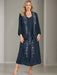 V-Neck A-Line Princess Two-Piece Plus Size Mother of the Bride Dress with Jacket and Sequins in Tea-Length