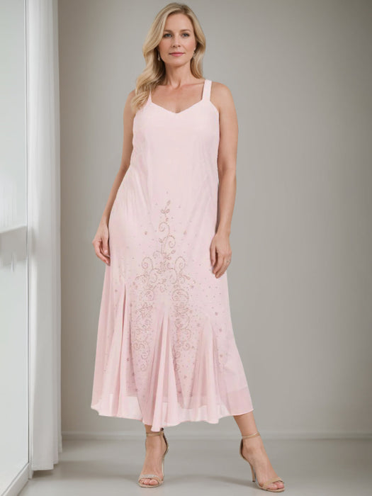 V-Neck A-Line Princess Two-Piece Plus Size Mother of the Bride Dress with Jacket and Sequins in Tea-Length