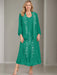 V-Neck A-Line Princess Two-Piece Plus Size Mother of the Bride Dress with Jacket and Sequins in Tea-Length
