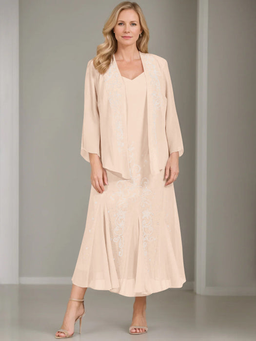 V-Neck A-Line Princess Two-Piece Plus Size Mother of the Bride Dress with Jacket and Sequins in Tea-Length