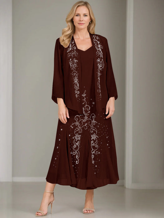 V-Neck A-Line Princess Two-Piece Plus Size Mother of the Bride Dress with Jacket and Sequins in Tea-Length