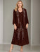 V-Neck A-Line Princess Two-Piece Plus Size Mother of the Bride Dress with Jacket and Sequins in Tea-Length