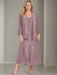 V-Neck A-Line Princess Two-Piece Plus Size Mother of the Bride Dress with Jacket and Sequins in Tea-Length