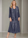 V-Neck A-Line Princess Two-Piece Plus Size Mother of the Bride Dress with Jacket and Sequins in Tea-Length