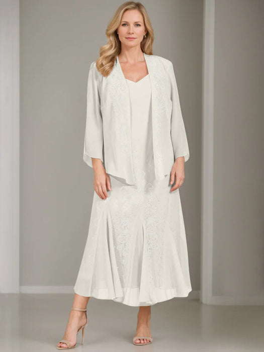 V-Neck A-Line Princess Two-Piece Plus Size Mother of the Bride Dress with Jacket and Sequins in Tea-Length