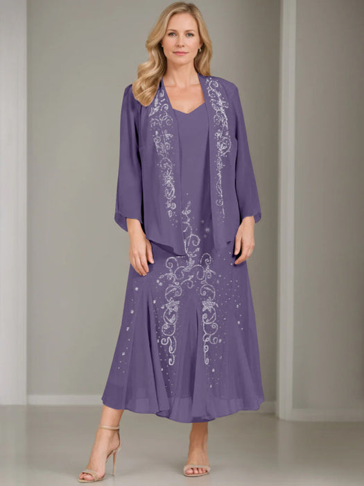 V-Neck A-Line Princess Two-Piece Plus Size Mother of the Bride Dress with Jacket and Sequins in Tea-Length