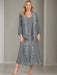 V-Neck A-Line Princess Two-Piece Plus Size Mother of the Bride Dress with Jacket and Sequins in Tea-Length