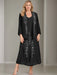 V-Neck A-Line Princess Two-Piece Plus Size Mother of the Bride Dress with Jacket and Sequins in Tea-Length