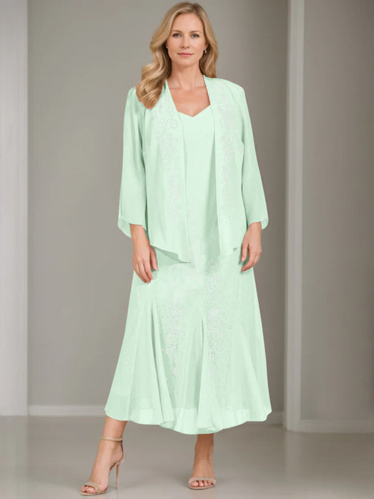 V-Neck A-Line Princess Two-Piece Plus Size Mother of the Bride Dress with Jacket and Sequins in Tea-Length