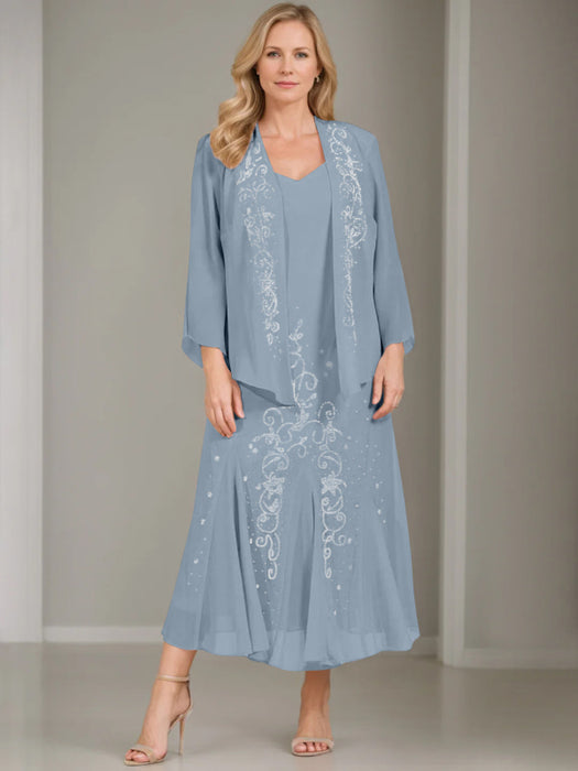V-Neck A-Line Princess Two-Piece Plus Size Mother of the Bride Dress with Jacket and Sequins in Tea-Length