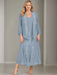 V-Neck A-Line Princess Two-Piece Plus Size Mother of the Bride Dress with Jacket and Sequins in Tea-Length