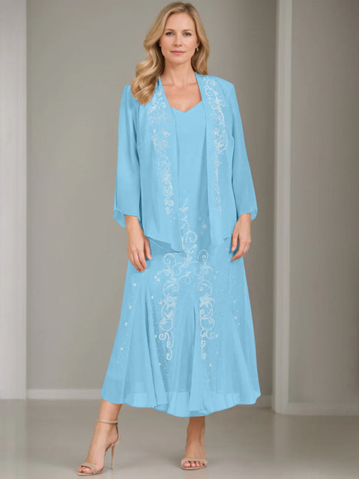 V-Neck A-Line Princess Two-Piece Plus Size Mother of the Bride Dress with Jacket and Sequins in Tea-Length