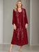 V-Neck A-Line Princess Two-Piece Plus Size Mother of the Bride Dress with Jacket and Sequins in Tea-Length
