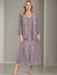 V-Neck A-Line Princess Two-Piece Plus Size Mother of the Bride Dress with Jacket and Sequins in Tea-Length