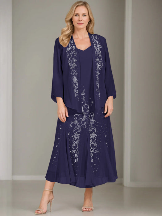 V-Neck A-Line Princess Two-Piece Plus Size Mother of the Bride Dress with Jacket and Sequins in Tea-Length