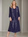 V-Neck A-Line Princess Two-Piece Plus Size Mother of the Bride Dress with Jacket and Sequins in Tea-Length