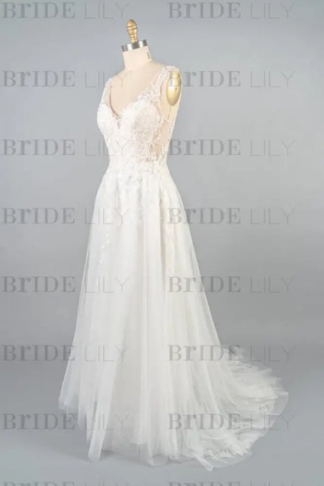 V-neck Appliques Tulle A-line Wedding Dress - Wedding Dresses