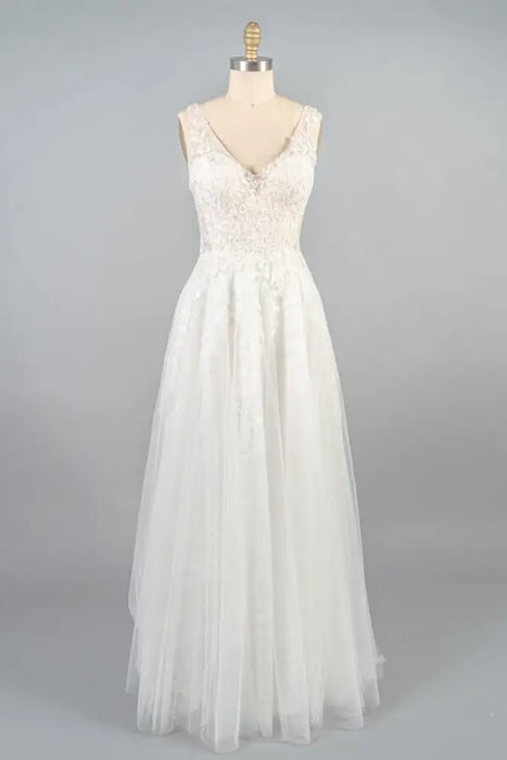 V-neck Appliques Tulle A-line Wedding Dress - Wedding Dresses