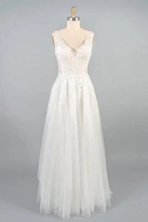 V-neck Appliques Tulle A-line Wedding Dress - Wedding Dresses