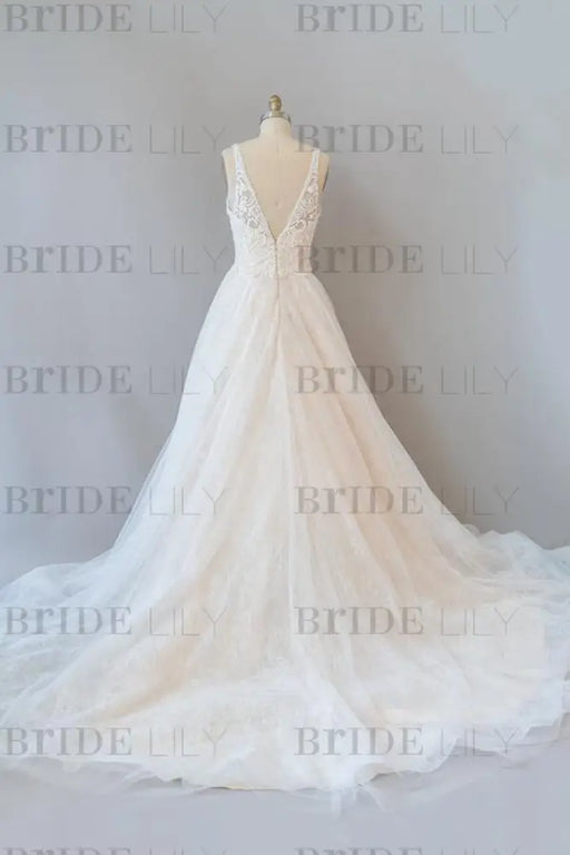 V-neck Appliques Tulle Chapel Train Wedding Dress - Wedding Dresses