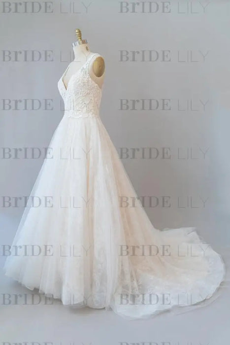 V-neck Appliques Tulle Chapel Train Wedding Dress - Wedding Dresses