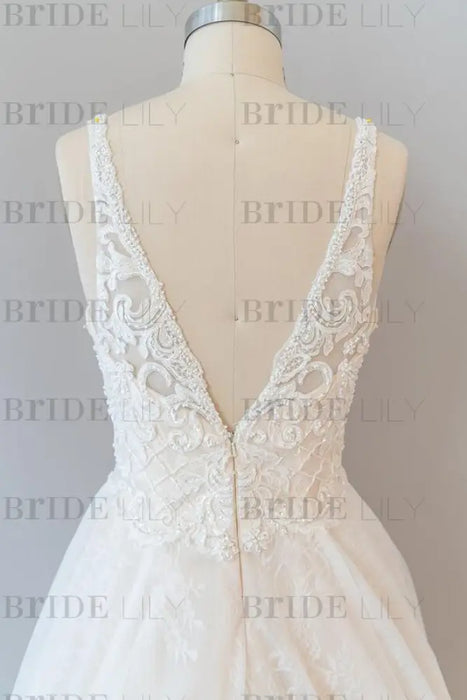 V-neck Appliques Tulle Chapel Train Wedding Dress - Wedding Dresses