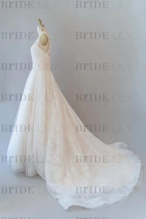 V-neck Appliques Tulle Chapel Train Wedding Dress - Wedding Dresses