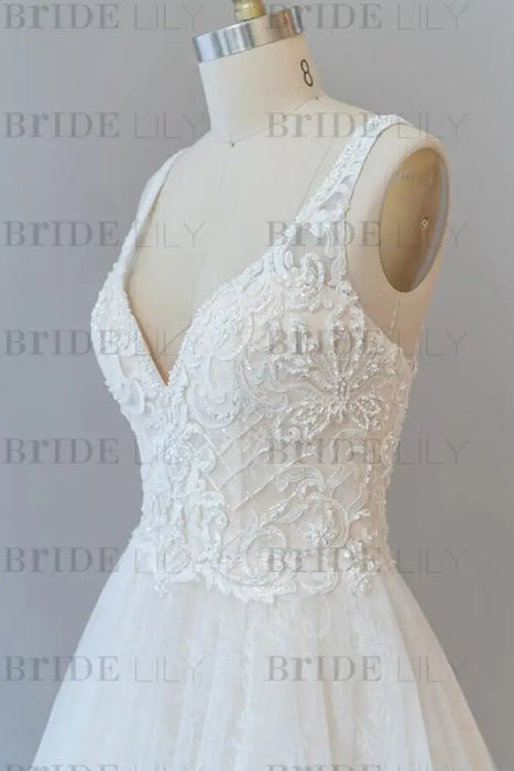 V-neck Appliques Tulle Chapel Train Wedding Dress - Wedding Dresses