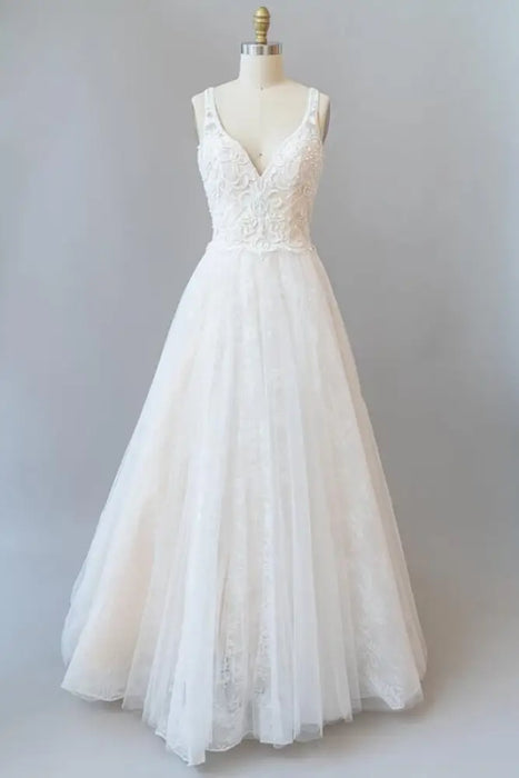 V-neck Appliques Tulle Chapel Train Wedding Dress - Wedding Dresses