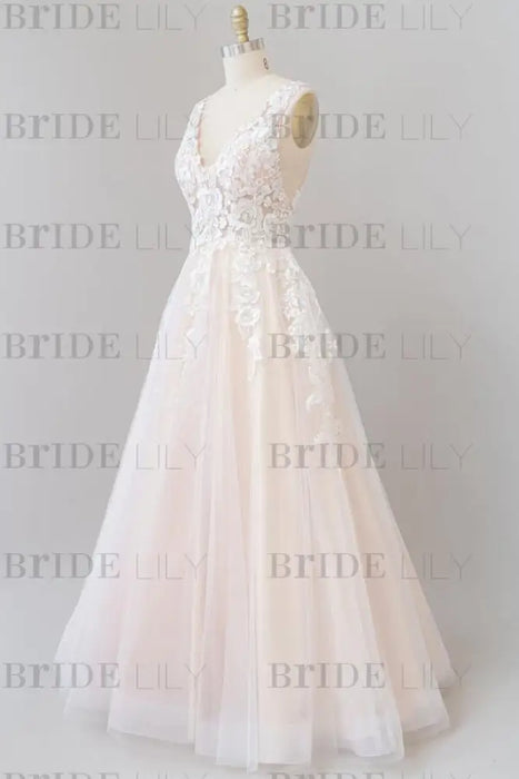 V-neck Appliques Tulle Floor length Wedding Dress - Wedding Dresses