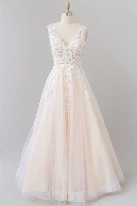 V-neck Appliques Tulle Floor length Wedding Dress - Wedding Dresses