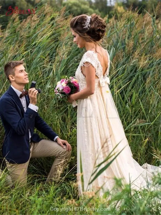 V Neck Backless Boho Wedding Dresses - wedding dresses