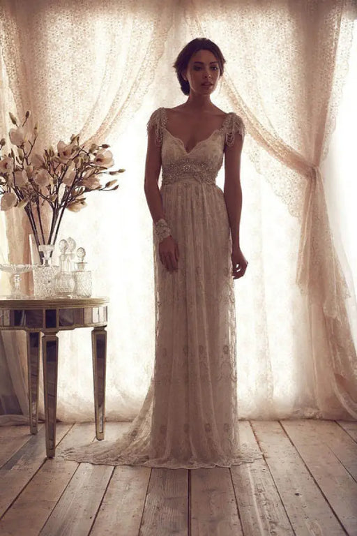 V Neck Backless Boho Wedding Dresses - wedding dresses
