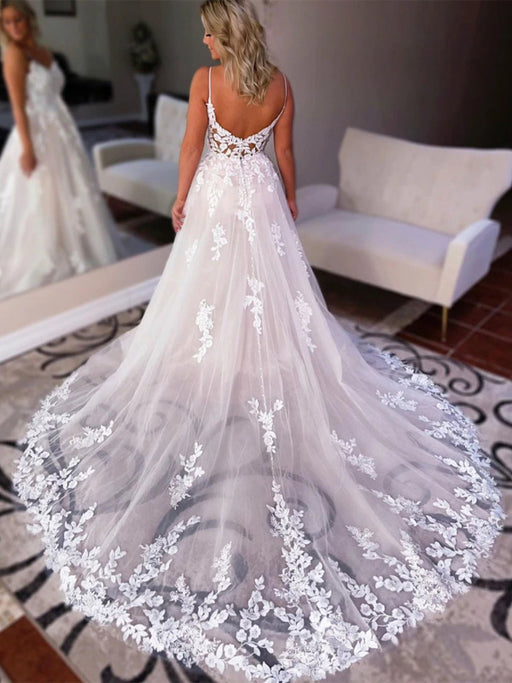 V Neck Backless Ivory Lace Long Prom Wedding Dresses, Ivory Lace Formal Graduation Evening Dresses 