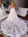 V Neck Backless Ivory Lace Long Prom Wedding Dresses, Ivory Lace Formal Graduation Evening Dresses 