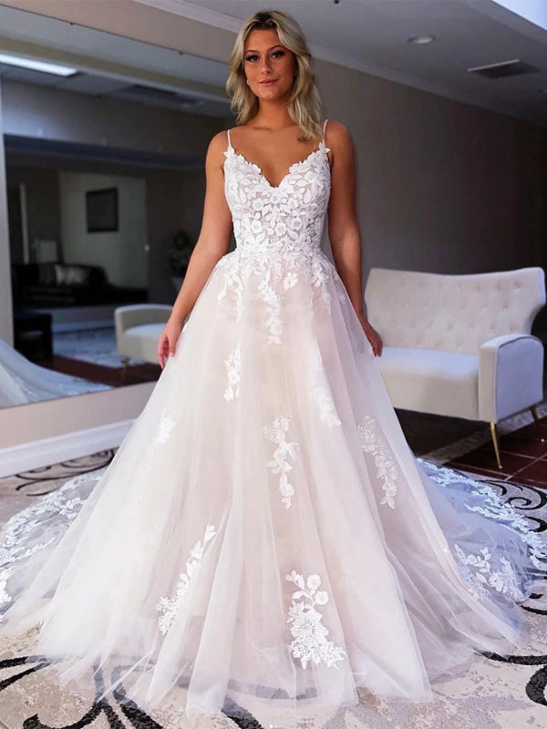ivory aline dress V Neck Backless Ivory Lace Aline Wedding Dresses-Bridelily