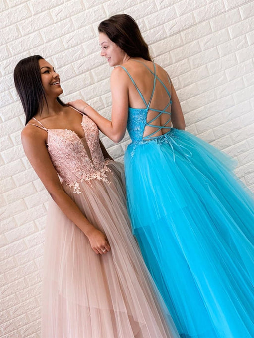 V Neck Backless Pink/Light Blue Lace Long Prom Dresses, Open Back Pink/Light Blue Lace Formal Dresses, Pink/Light Blue Lace Evening Dresses