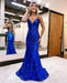 V Neck Backless Royal Blue Sequin Prom Dress