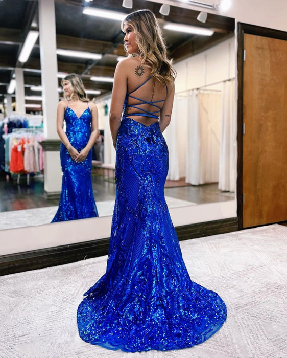 V Neck Backless Royal Blue Sequin Prom Dress