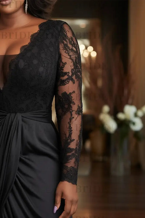 V-Neck Black Mother of the Bride Dress with Long Lace Sleeves-Bridelily
