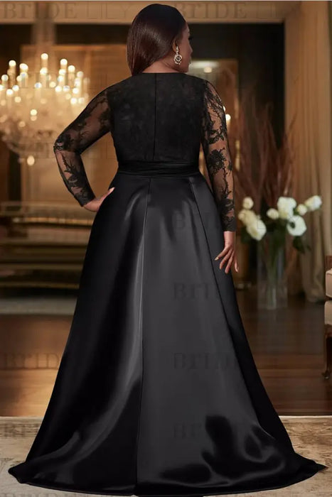 V-Neck Black Mother of the Bride Dress with Long Lace Sleeves-Bridelily V-Neck Black Mother of the Bride Dress with Long Lace Sleeves-Bridelily