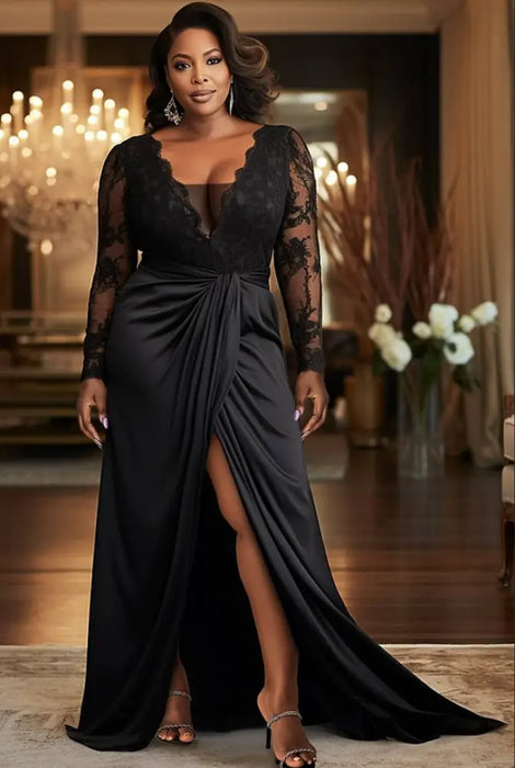 V-Neck Black Mother of the Bride Dress with Long Lace Sleeves-Bridelily