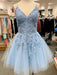 A Line V Neck Blue Lace Appliques Short Prom Dresses Homecoming Dresses, Blue Lace Formal Graduation Evening Dresses