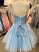 A Line V Neck Blue Lace Appliques Short Prom Dresses Homecoming Dresses, Blue Lace Formal Graduation Evening Dresses
