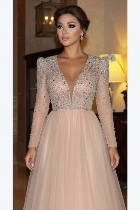 Elegant Long Sleeve Formal Dress with Beads A Line Sparkle V Neck Evening Dresses - Prom Dresses