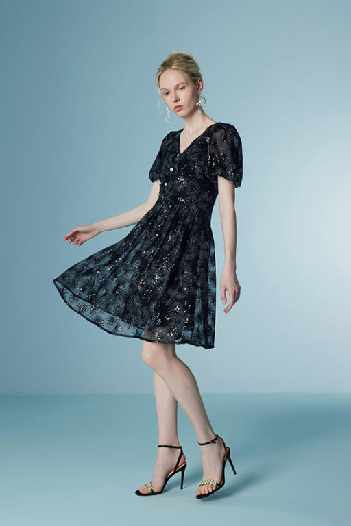 V-Neck Bubble Sleeves Black Sunflower Lace Dress Short - Dresses