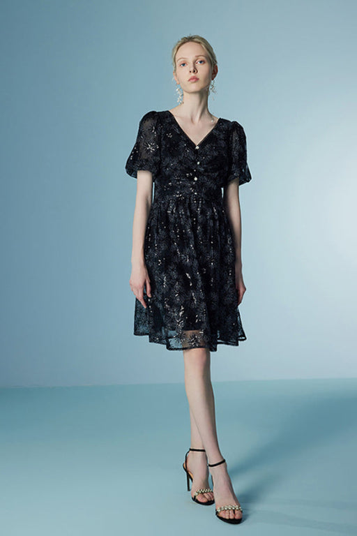 V-Neck Bubble Sleeves Black Sunflower Lace Dress Short - Black / S - Dresses